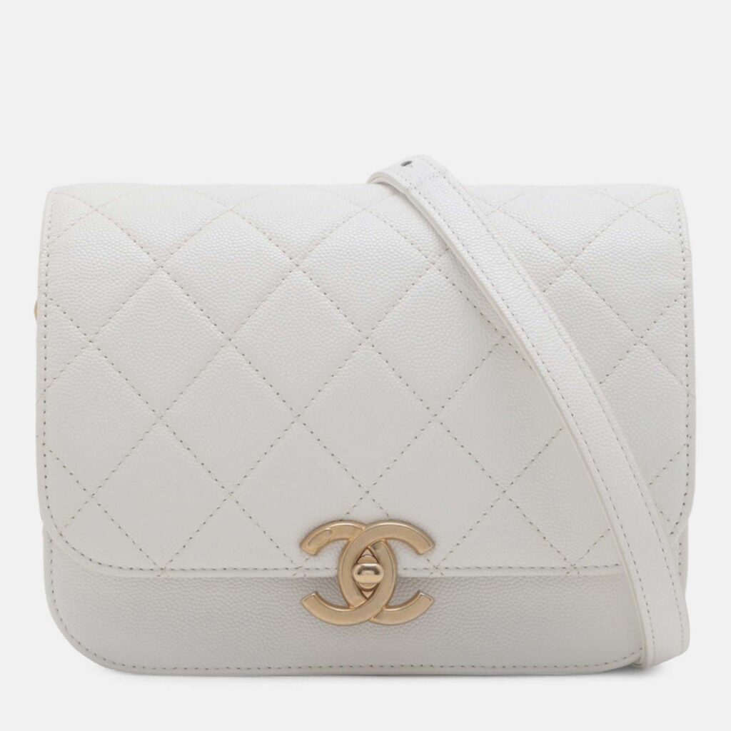 Chanel White CC Quilted Caviar Flap Crossbody
