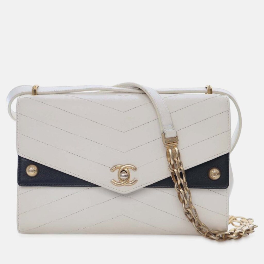 Chanel White Medium Chevron Calfskin Casual Trip Flap