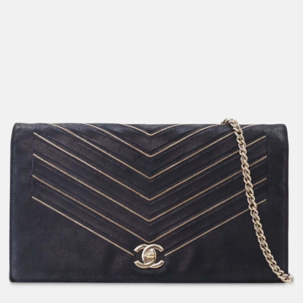 Chanel Black Chevron Nubuck Micro Chain Embellished Flap