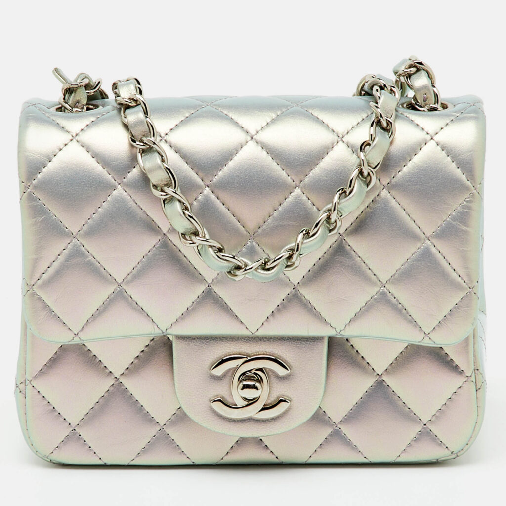 Chanel Silver Quilted Leather Mini Square Classic Single Flap Bag Chanel Silver Quilted Leather Mini Square Classic Single Flap Bag