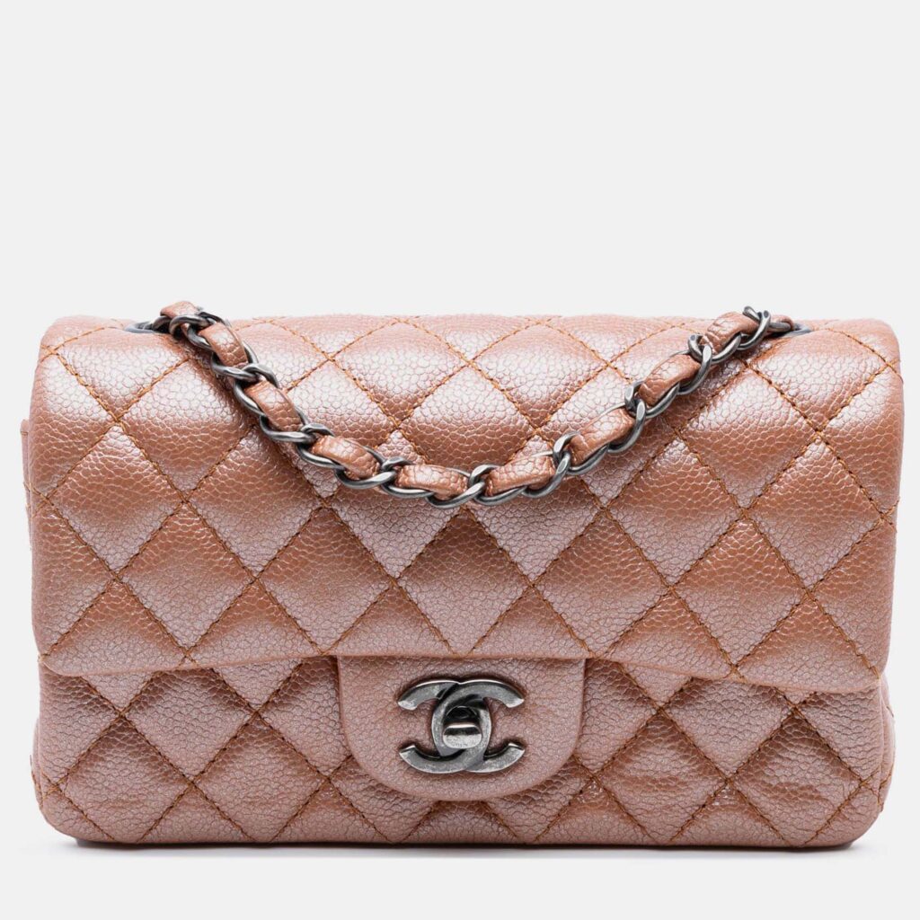luxury-women-chanel-used-handbags-p1239826-005-1.jpg Chanel Pink Mini Rectangular Classic Metallic Caviar Single Flap