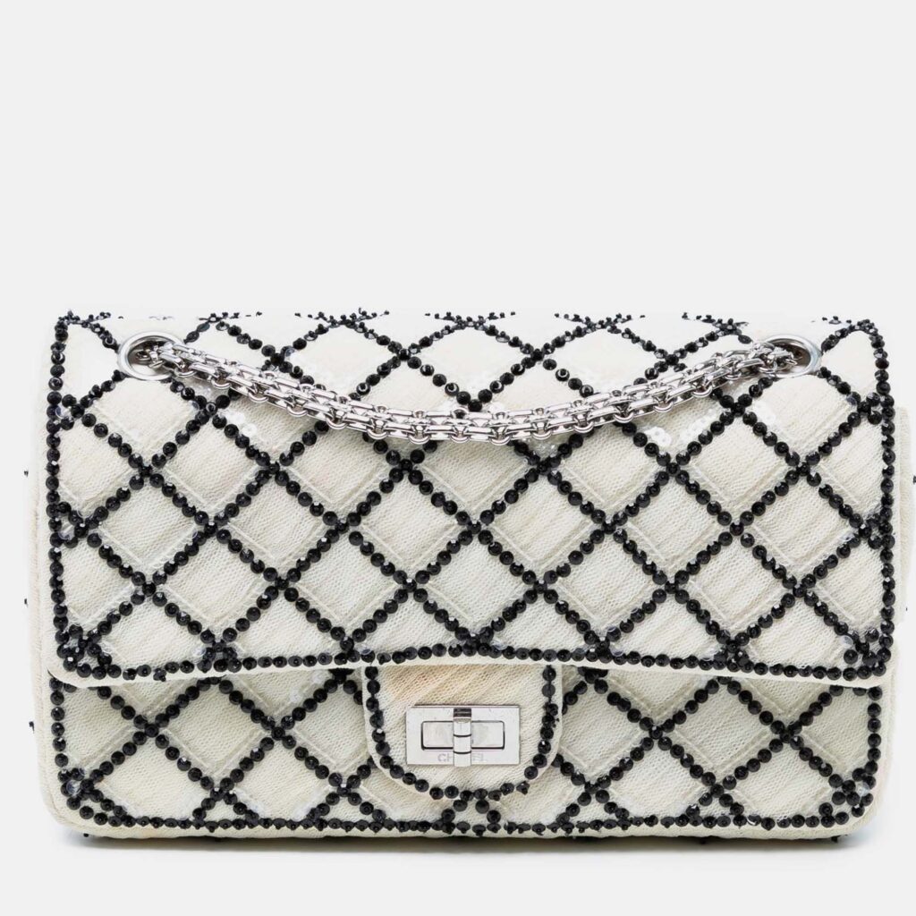 Chanel Black White Reissue 2.55 Quilted Sequined Mesh Double Flap 225 Chanel Black White Reissue 2.55 Quilted Sequined Mesh Double Flap 225