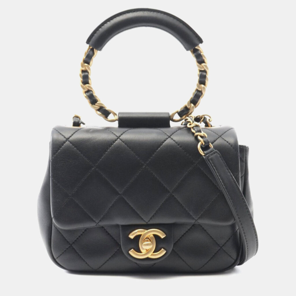 Chanel Top Handle Matelasse Shoulder Bag In Lambskin Leather Black Chanel Top Handle Matelasse Shoulder Bag In Lambskin Leather Black