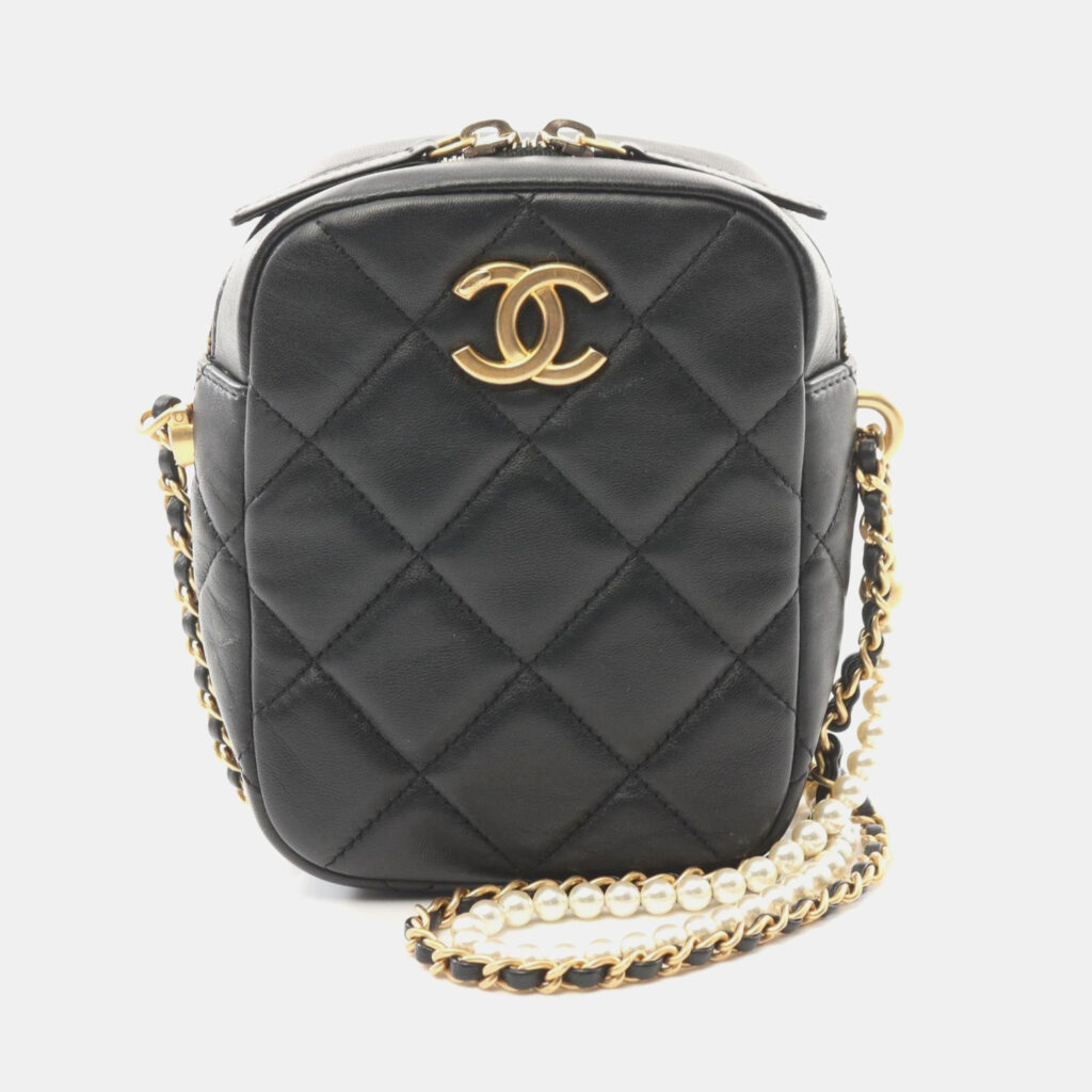 Chanel Matelasse Faux Pearl Shoulder Bag Lambskin Sheepskin Black