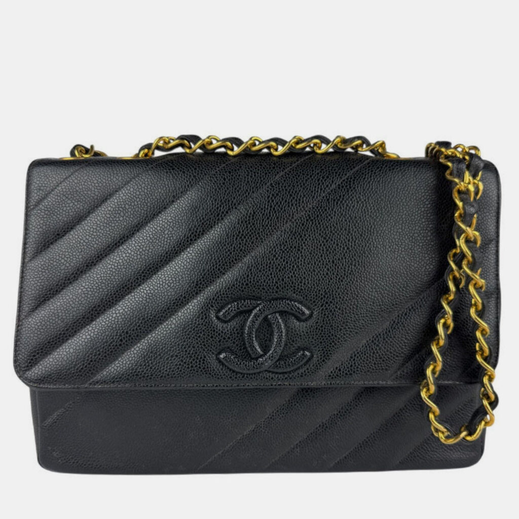 Chanel Shoulder Bag Caviar Leather Metal Black Gold