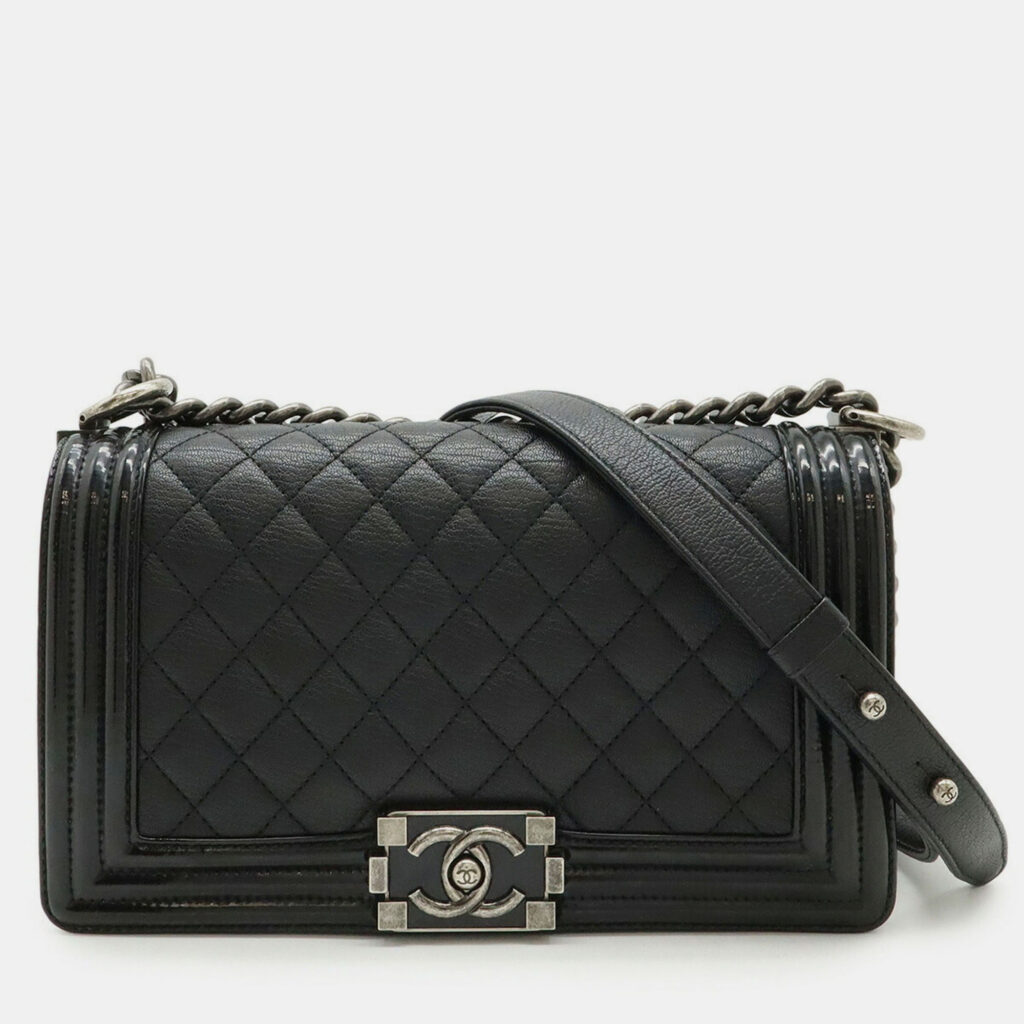 Chanel Boy Chanel 25 Coco Mark Chain Shoulder Bag Leather Enamel Black