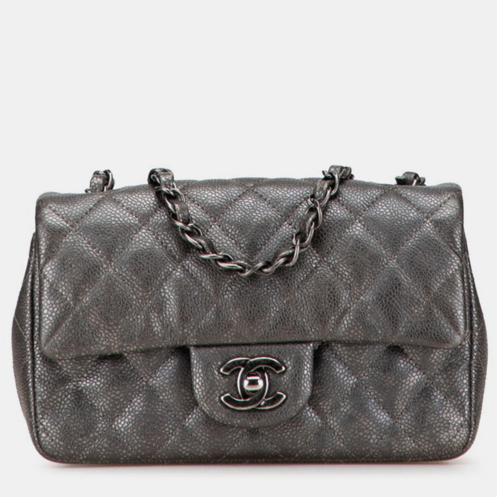 Chanel Mini Matelasse 20 Coco Mark Chain Shoulder Bag In Silver/Gray Caviar Skin Chanel Mini Matelasse 20 Coco Mark Chain Shoulder Bag In Silver/Gray Caviar Skin