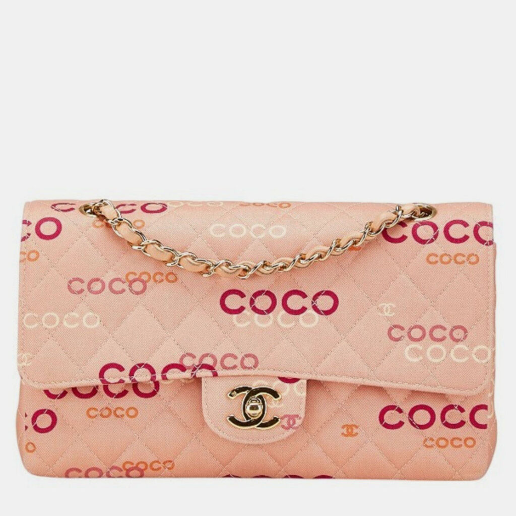 Chanel Coco Mark Coco Print Double Flap Chain Shoulder Bag Salmon Pink Multicolor Canvas Chanel Coco Mark Coco Print Double Flap Chain Shoulder Bag Salmon Pink Multicolor Canvas