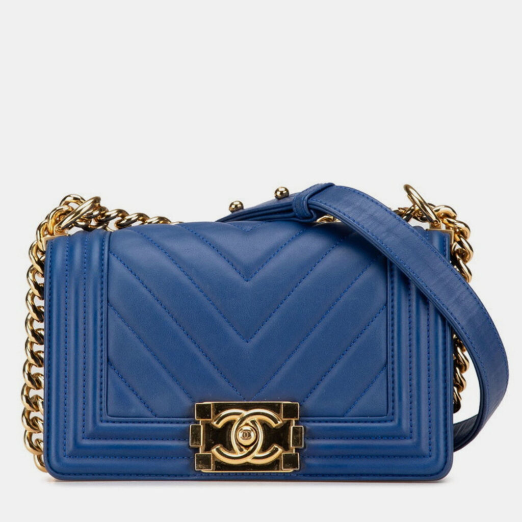 Chanel Boy 20 V Stitch Chain Shoulder Bag Blue Lambskin Chanel Boy 20 V Stitch Chain Shoulder Bag Blue Lambskin