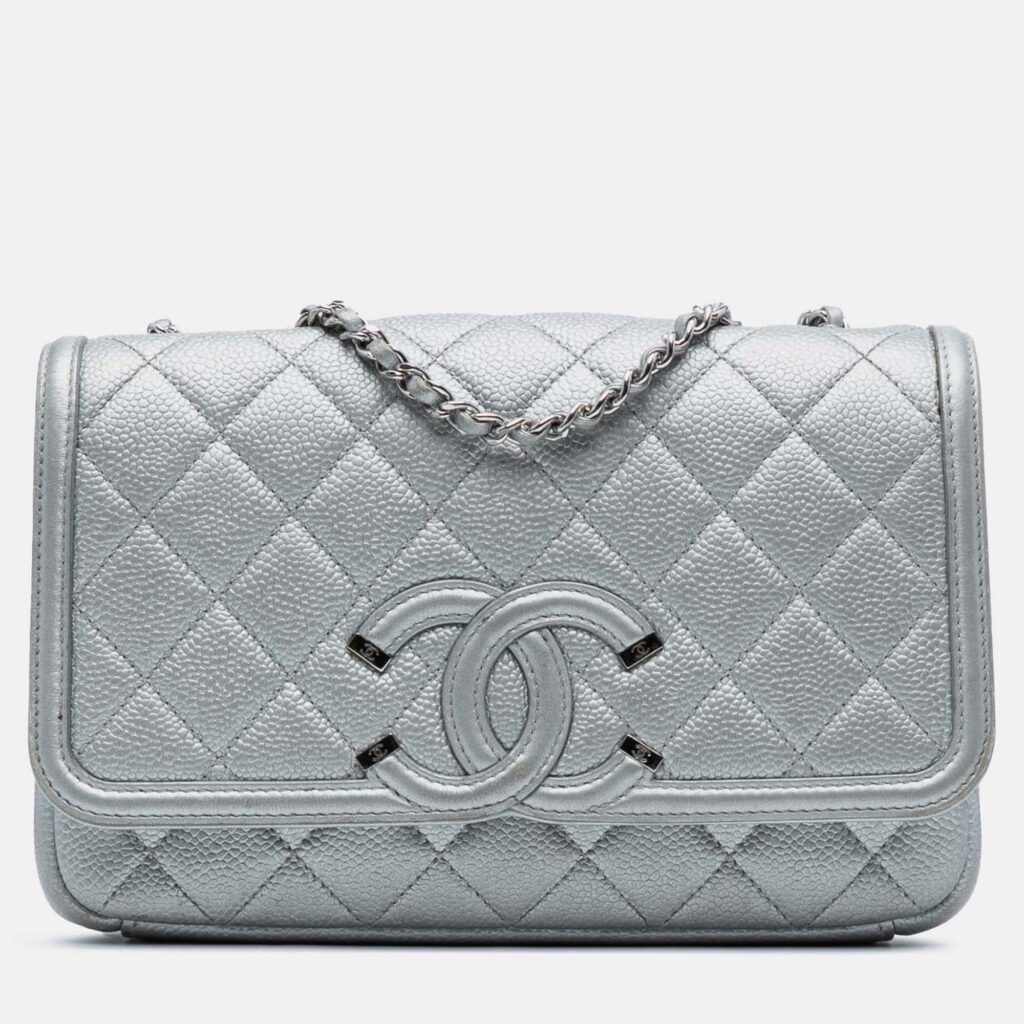Chanel Silver Small Quilted Metallic Caviar CC Filigree Flap Chanel Silver Small Quilted Metallic Caviar CC Filigree Flap