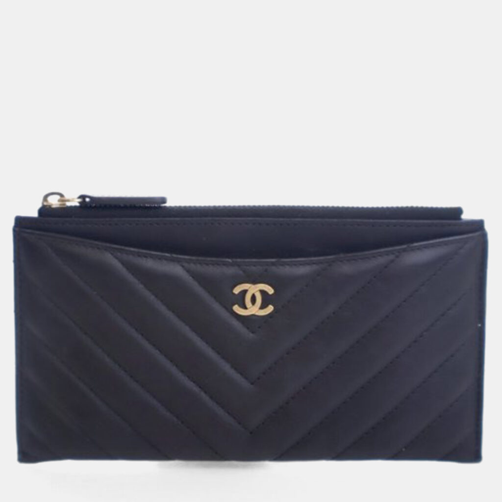 Chanel Lambskin Chevron Quilted Zip Pouch