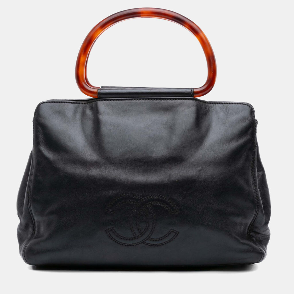 luxury-women-chanel-used-handbags-p1240906-001-1.jpg Chanel Black CC Lambskin Tortoise Top Handle Tote