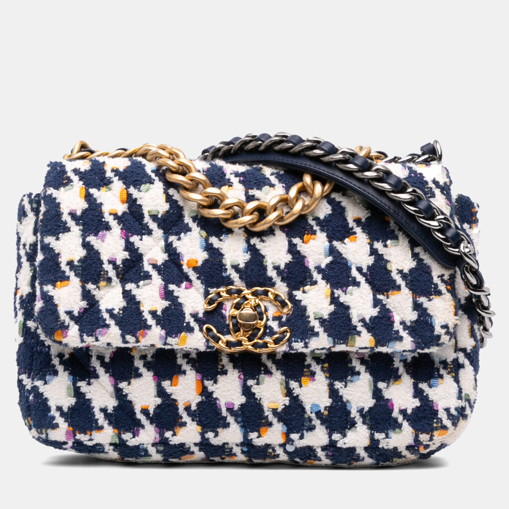 Chanel Navy Blue Medium Houndstooth Tweed 19 Flap