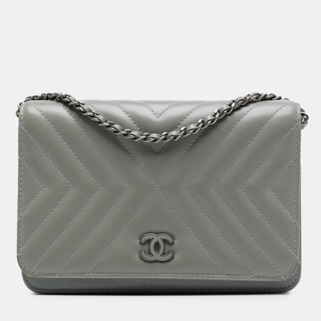 Chanel Grey Diagonal Chevron Calfskin Tassel Wallet On Chain