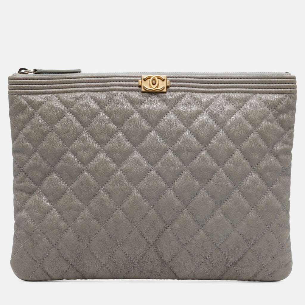 luxury-women-chanel-used-handbags-p1241257-006-1.jpg Chanel Grey Medium Quilted Caviar Boy O Case Clutch
