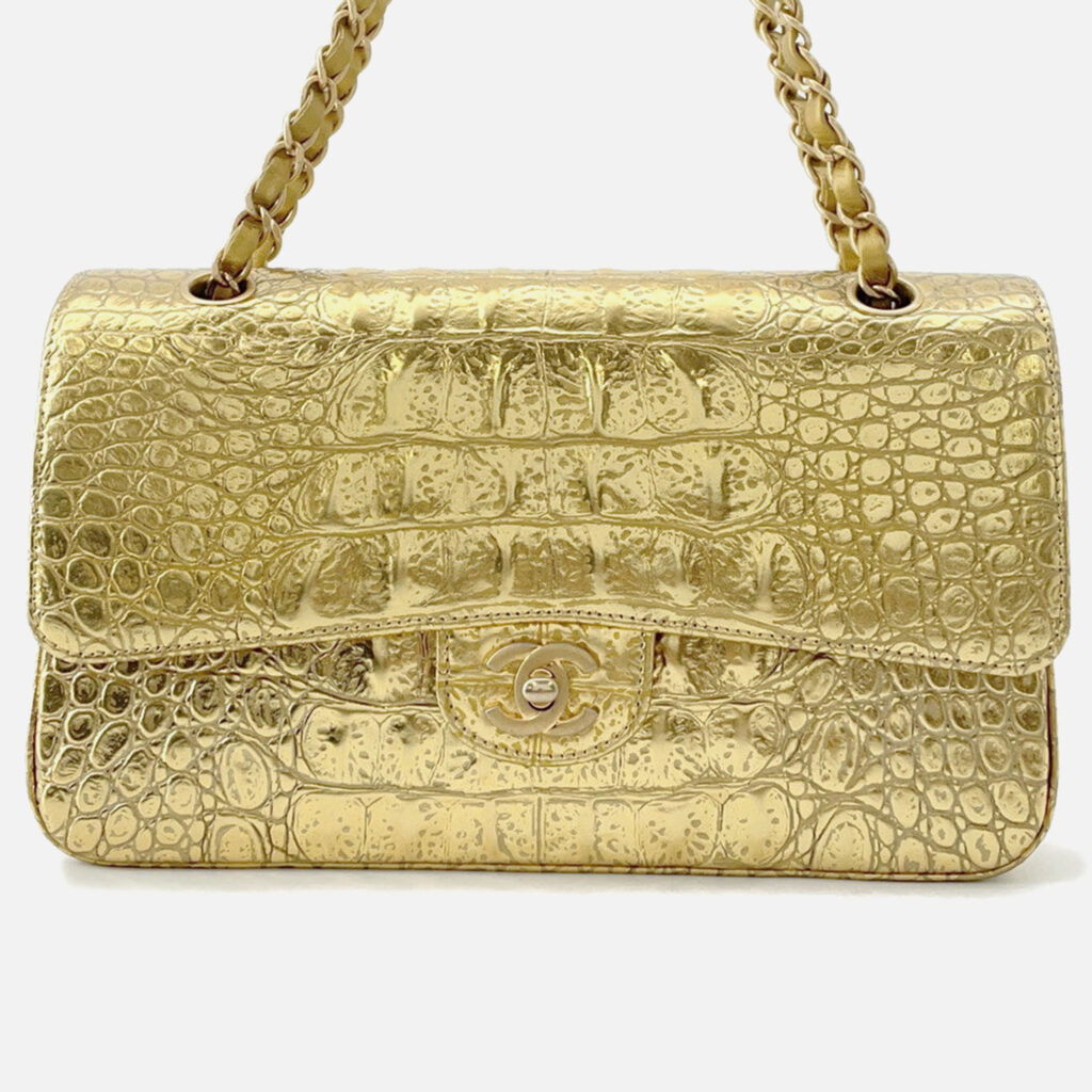 Chanel Double Flap Chain Shoulder Bag Gold Embossed Leather Size 25 Chanel Double Flap Chain Shoulder Bag Gold Embossed Leather Size 25