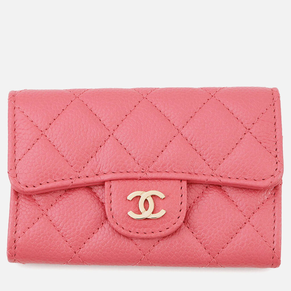 Chanel Matelasse Bifold Wallet Card Case Pink Caviar Leather