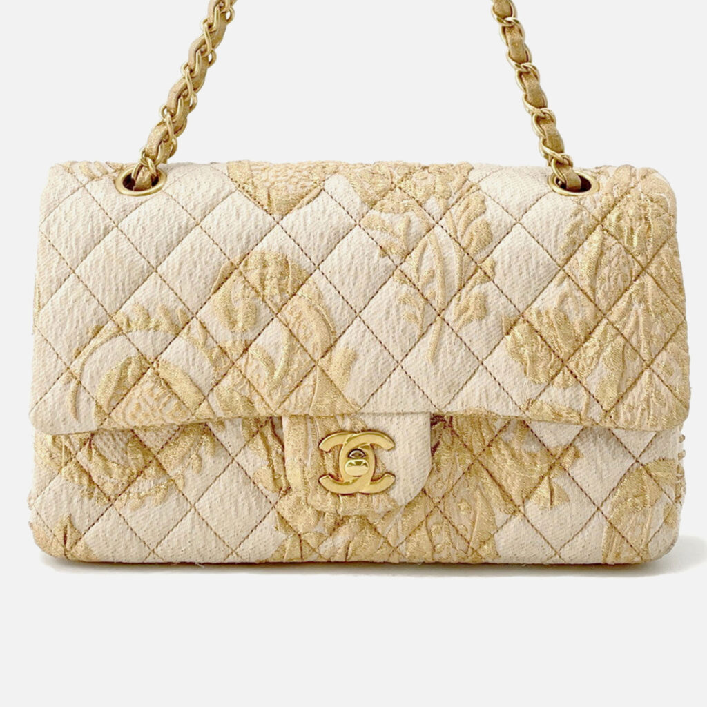 Chanel Matelasse Double Flap Jacquard Chain Shoulder Bag Gold Cottonjersy Chanel Matelasse Double Flap Jacquard Chain Shoulder Bag Gold Cottonjersy