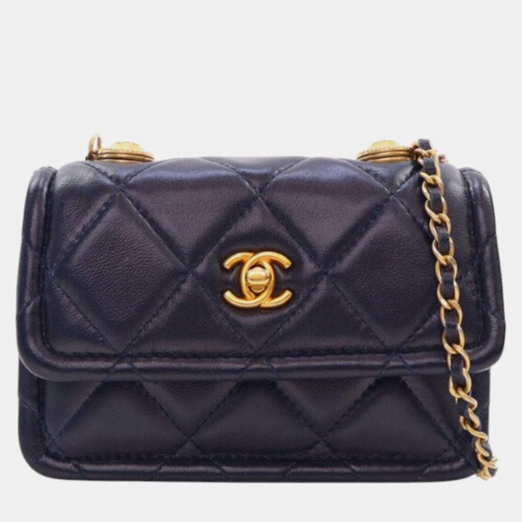 Chanel Navy Blue Mini Quilted Shiny Lambskin Button On Top Flap Chanel Navy Blue Mini Quilted Shiny Lambskin Button On Top Flap