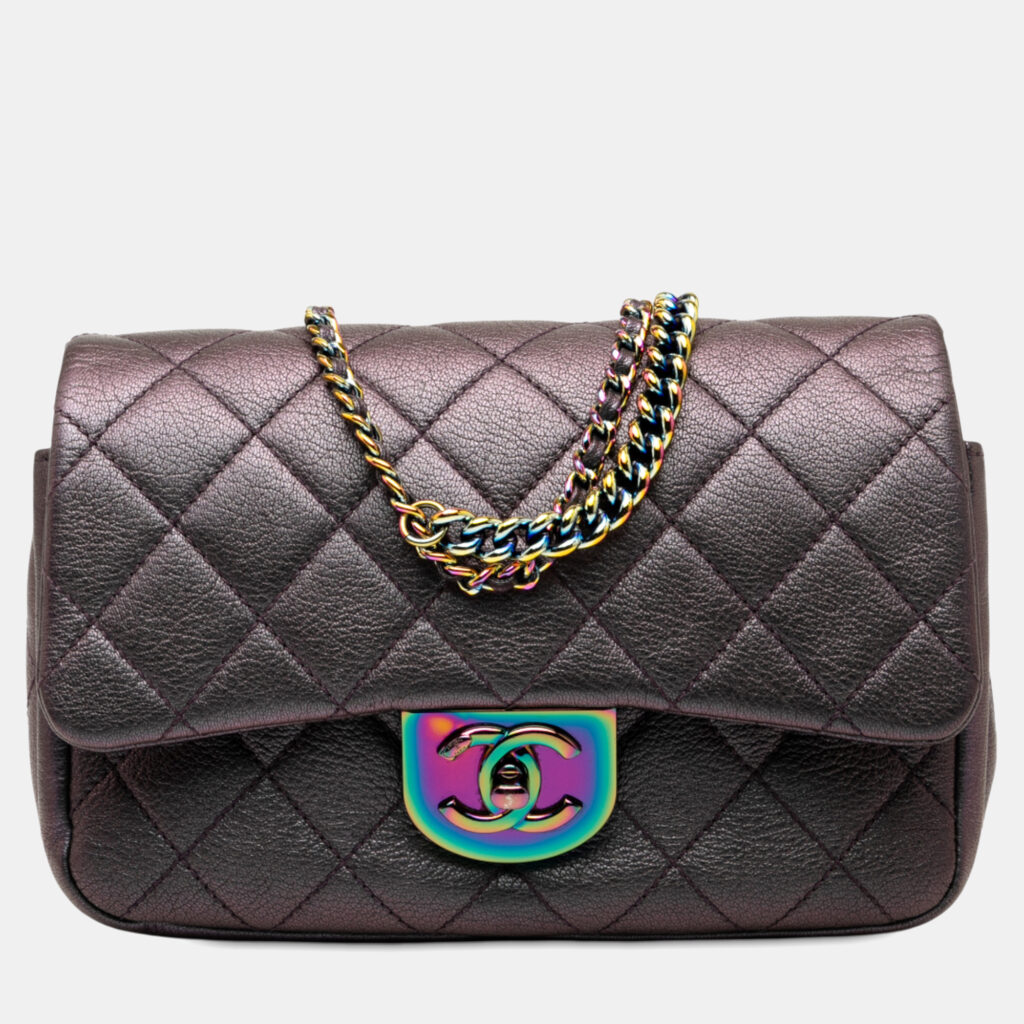 luxury-women-chanel-used-handbags-p1241855-004-1.jpg Chanel Purple Small Iridescent Goatskin Rainbow Hardware Double Carry Waist Chain Flap
