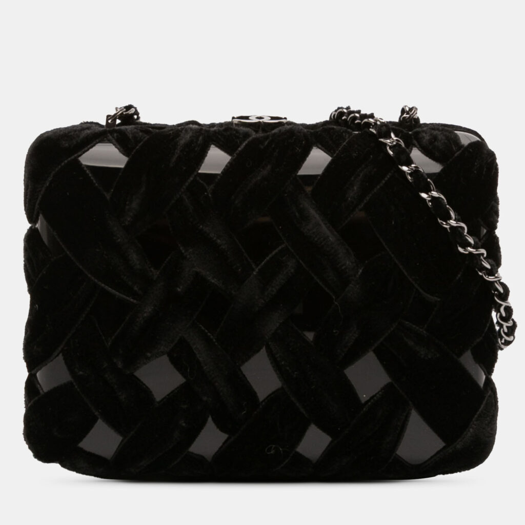 luxury-women-chanel-used-handbags-p1242019-022-1.jpg Chanel Black Woven Velvet and Resin Box Clutch with Chain