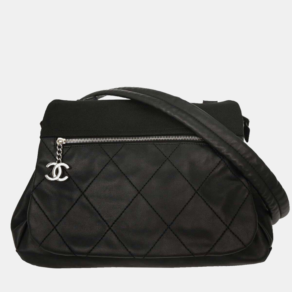Chanel Black Calfskin Canvas Shoulder Bag Chanel Black Calfskin Canvas Shoulder Bag