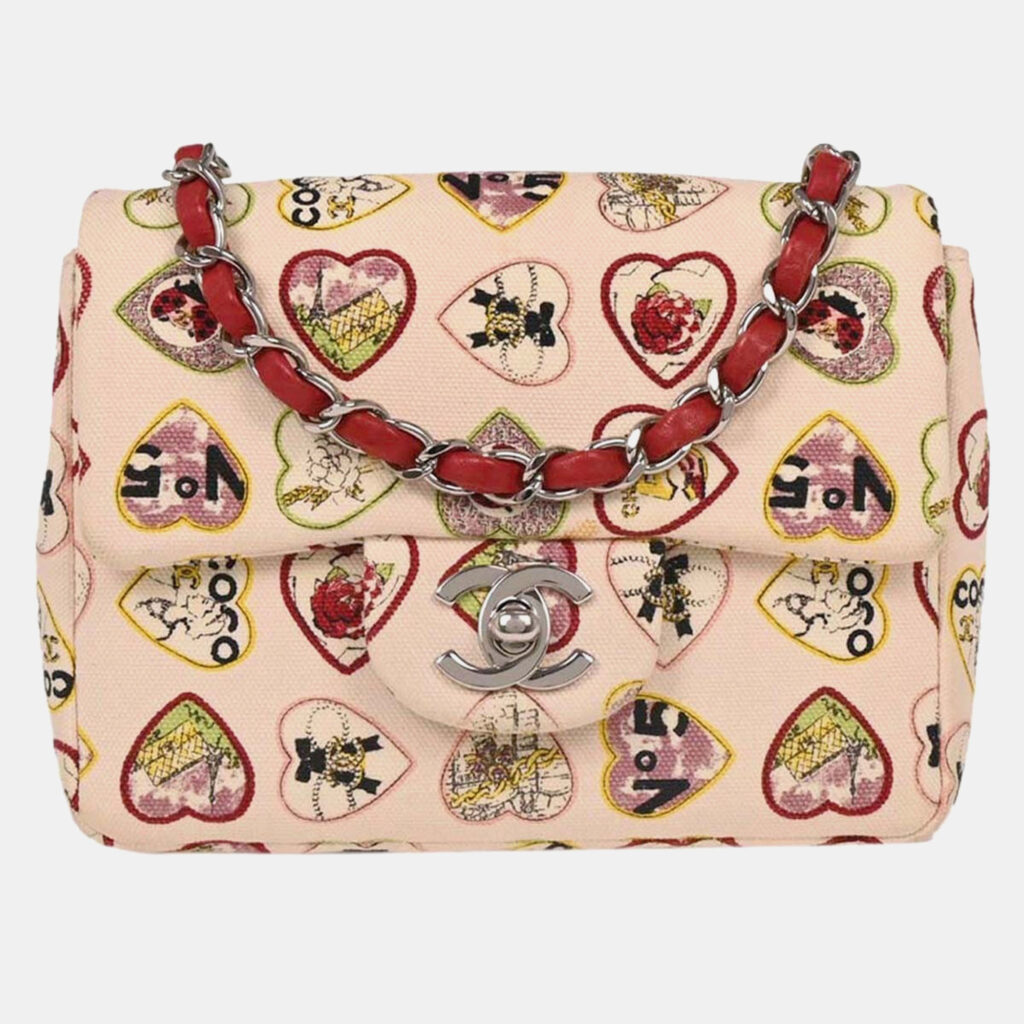 Chanel Pink Canvas Valentine Mini Classic Square Flap Shoulder Bag Chanel Pink Canvas Valentine Mini Classic Square Flap Shoulder Bag