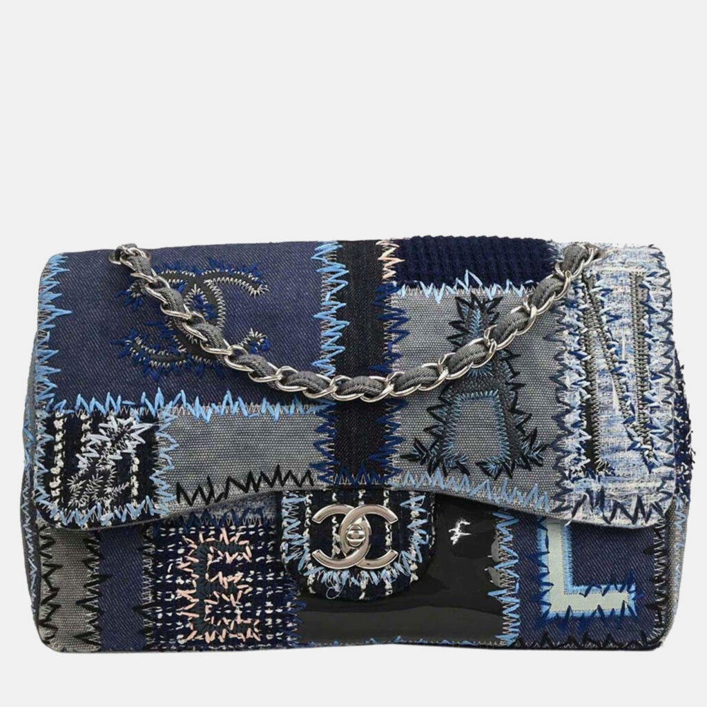 Chanel Blue Tweed Tweed Single Flap Patchwork Shoulder Bag Chanel Blue Tweed Tweed Single Flap Patchwork Shoulder Bag