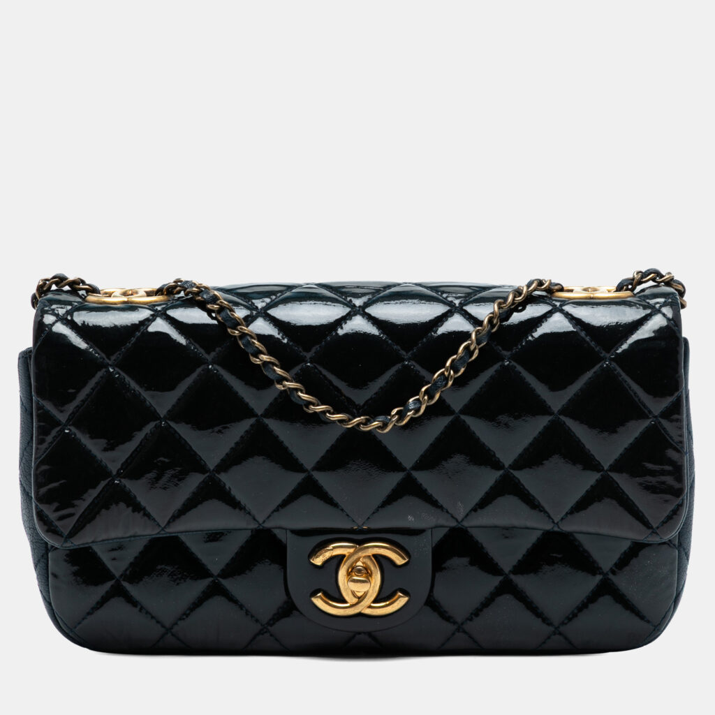 Chanel Navy Blue Paris-Salzburg Medium Patent Goatskin CC Eyelet Flap Chanel Navy Blue Paris-Salzburg Medium Patent Goatskin CC Eyelet Flap