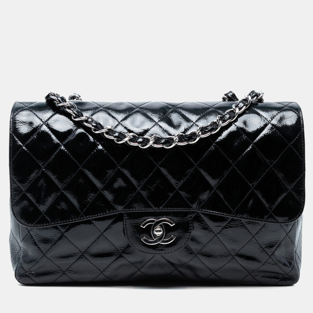 Chanel Navy Blue Jumbo Classic Crinkled Patent Single Flap Chanel Navy Blue Jumbo Classic Crinkled Patent Single Flap
