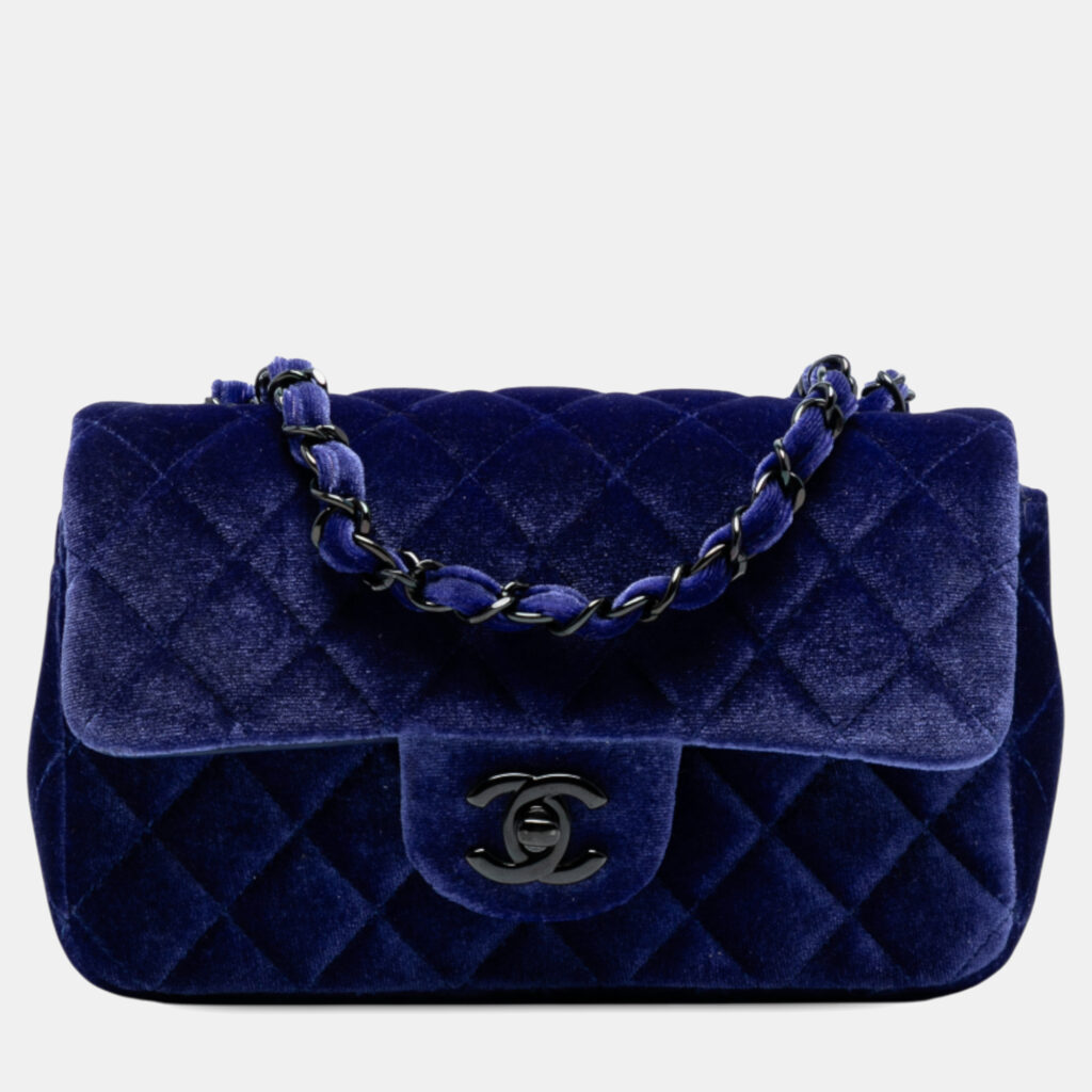 Chanel Blue Mini Rectangular Classic Velvet Single Flap Chanel Blue Mini Rectangular Classic Velvet Single Flap