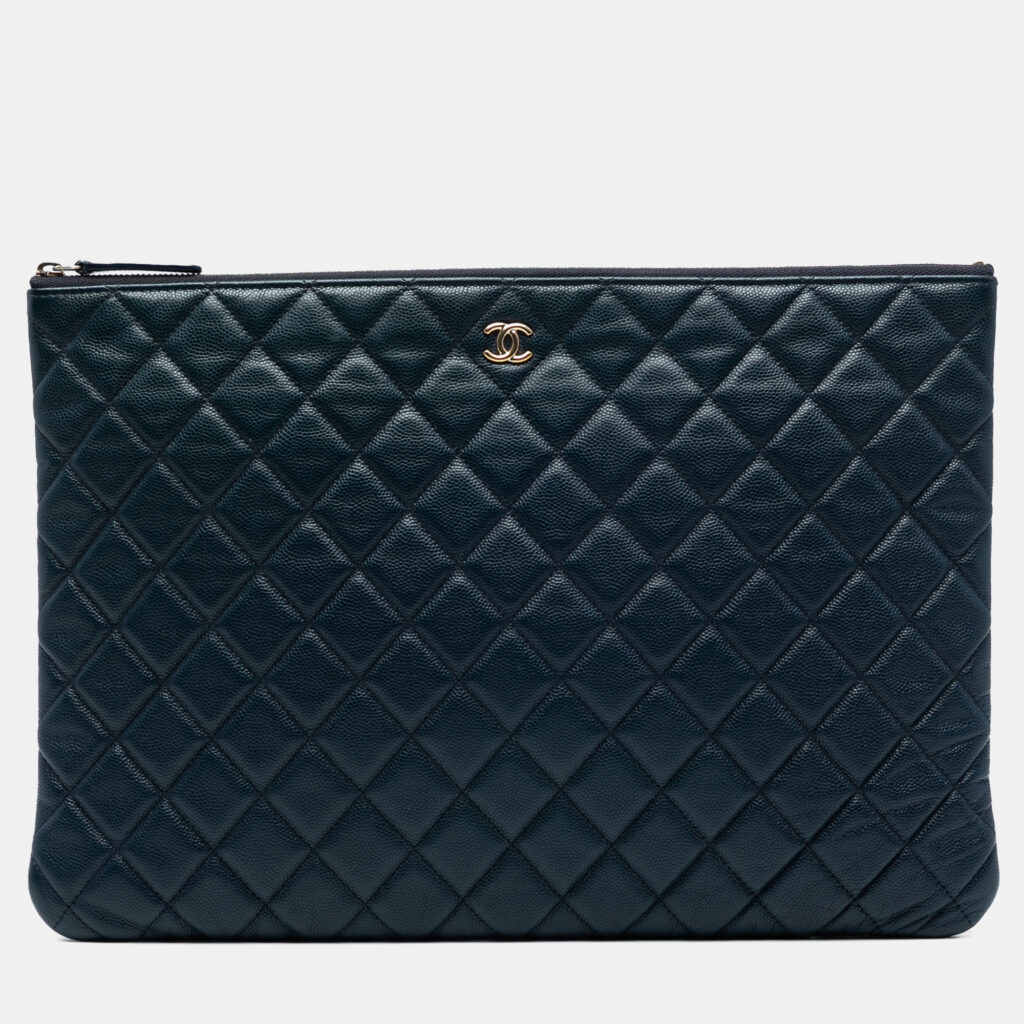 Chanel Navy Blue Large Quilted Caviar O Case Clutch