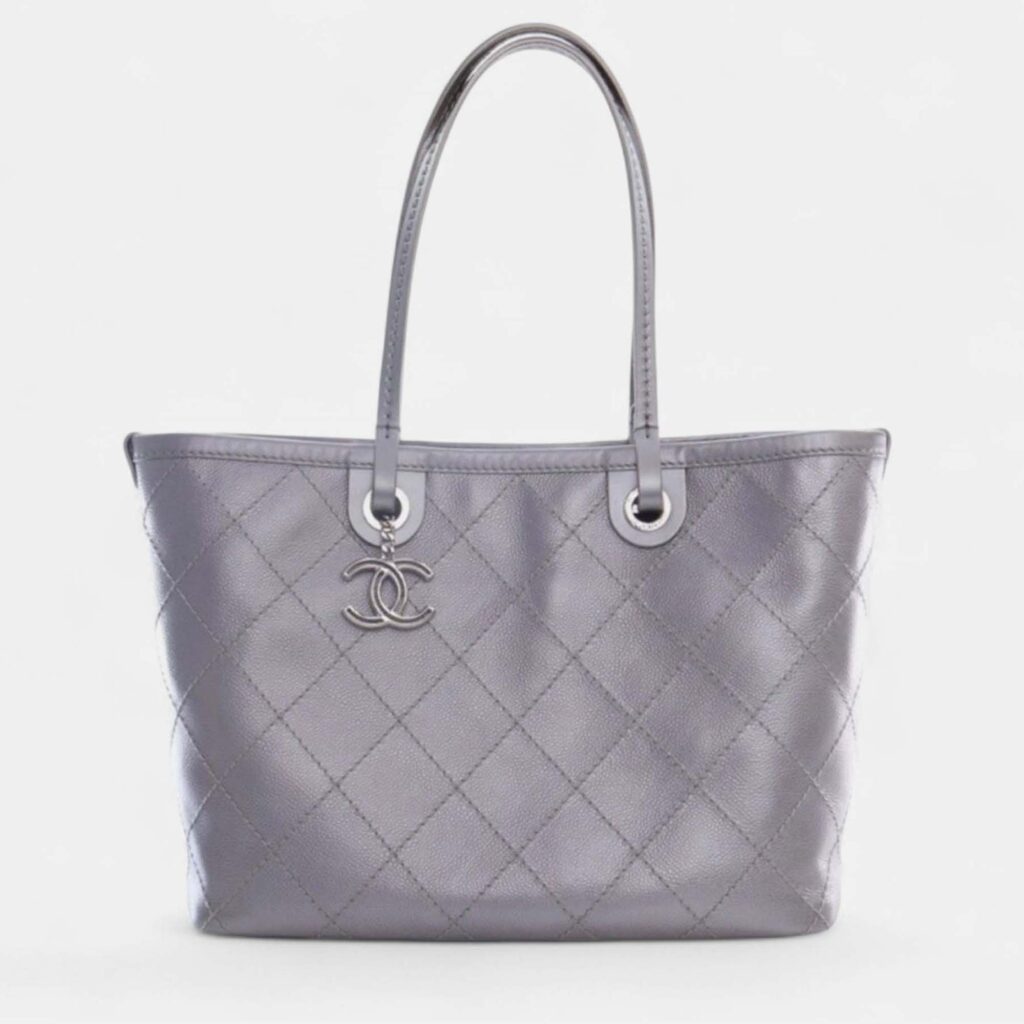 Chanel Silver Large Quilted Metallic Caviar Shopping Fever Tote Chanel Silver Large Quilted Metallic Caviar Shopping Fever Tote