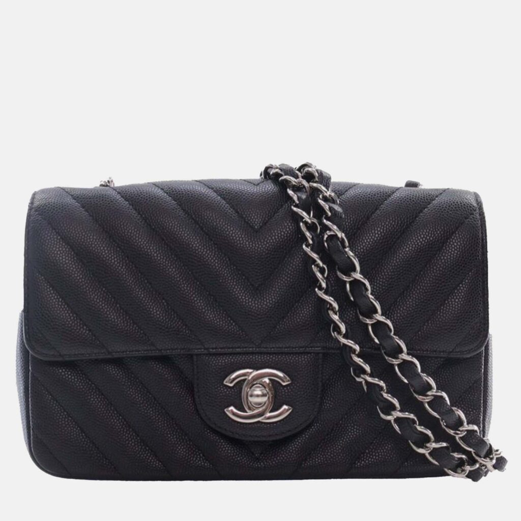 Chanel Black Mini Rectangular Classic Chevron Caviar Single Flap Chanel Black Mini Rectangular Classic Chevron Caviar Single Flap