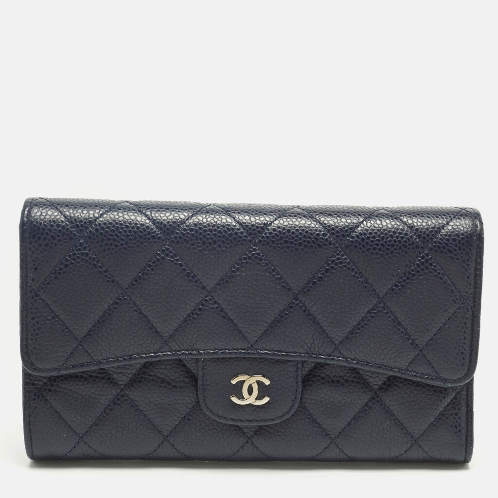luxury-women-chanel-used-handbags-p1242853-012-1.jpg Chanel Navy Blue Quilted Caviar Leather Classic L Trifold Wallet