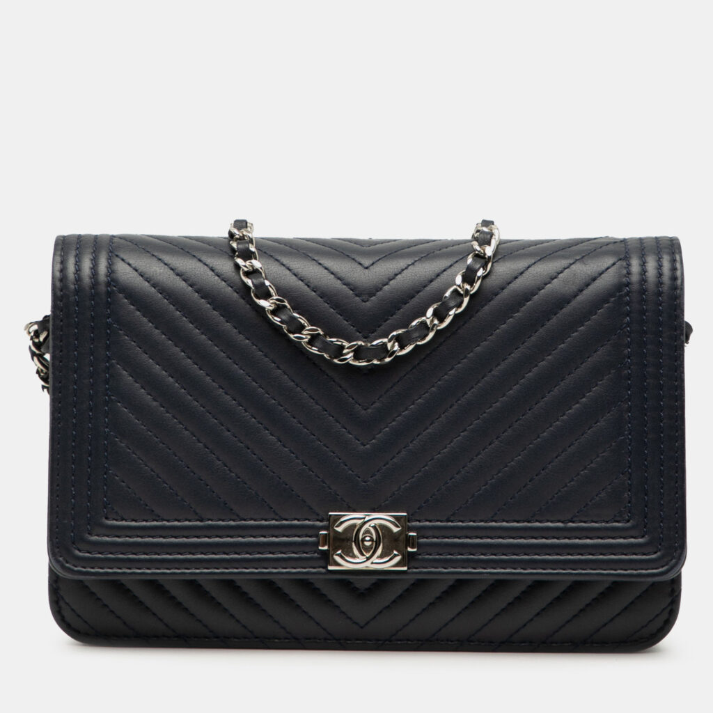 Chanel Navy Blue Chevron Lambskin Boy Wallet on Chain Chanel Navy Blue Chevron Lambskin Boy Wallet on Chain