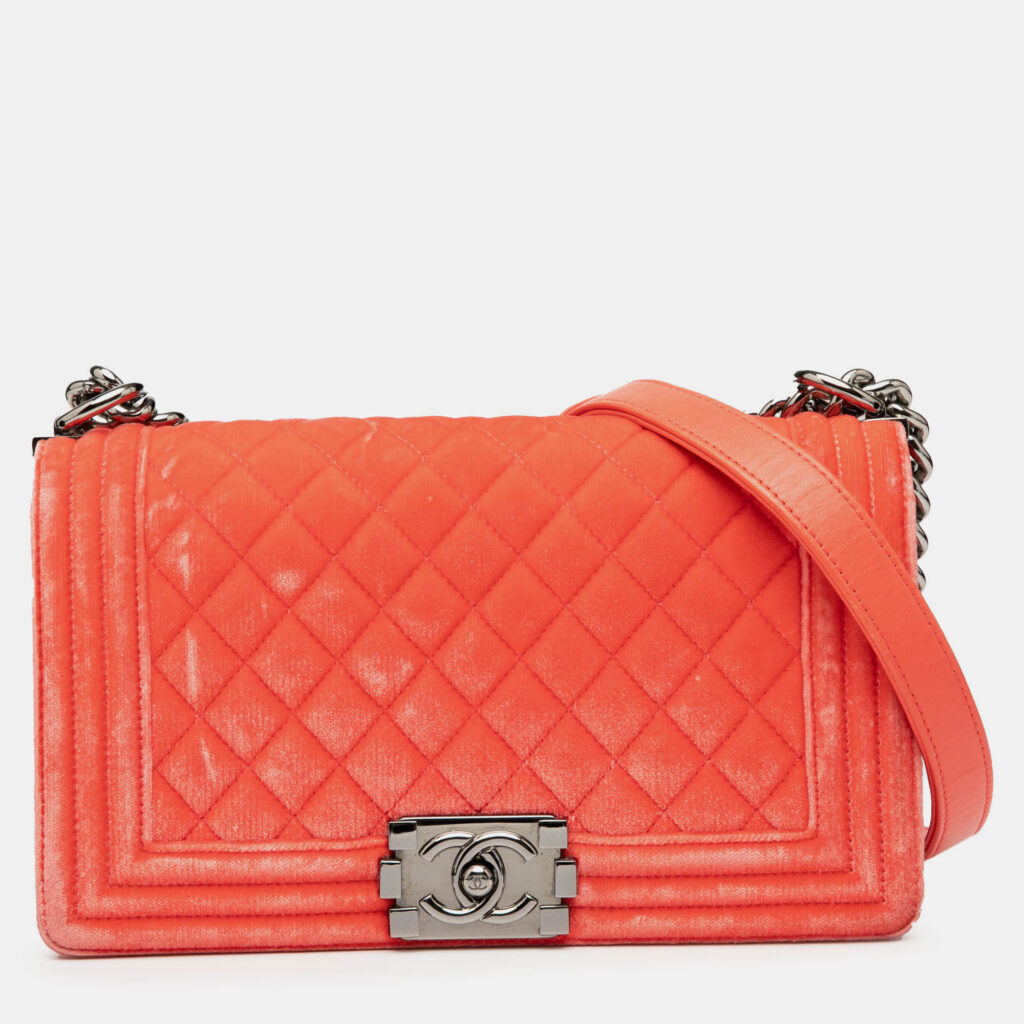 luxury-women-chanel-used-handbags-p1243035-013.jpg Chanel Orange Old Medium Quilted Velvet Boy Flap