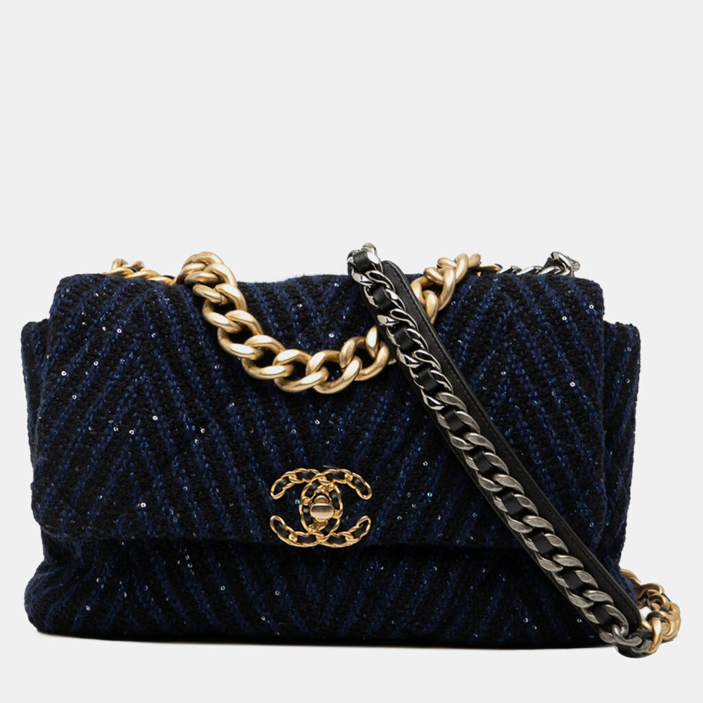 Chanel Blue Large Chevron Tweed Sequin 19 Flap Chanel Blue Large Chevron Tweed Sequin 19 Flap