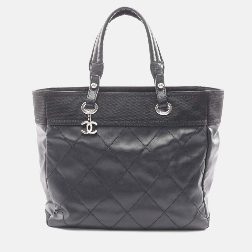 Chanel Paris Biarritz Black Quilted Coated Canvas Tote Bag