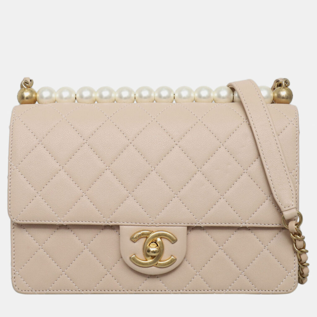 Chanel Beige Leather Chic Pearls Flap Bag Chanel Beige Leather Chic Pearls Flap Bag