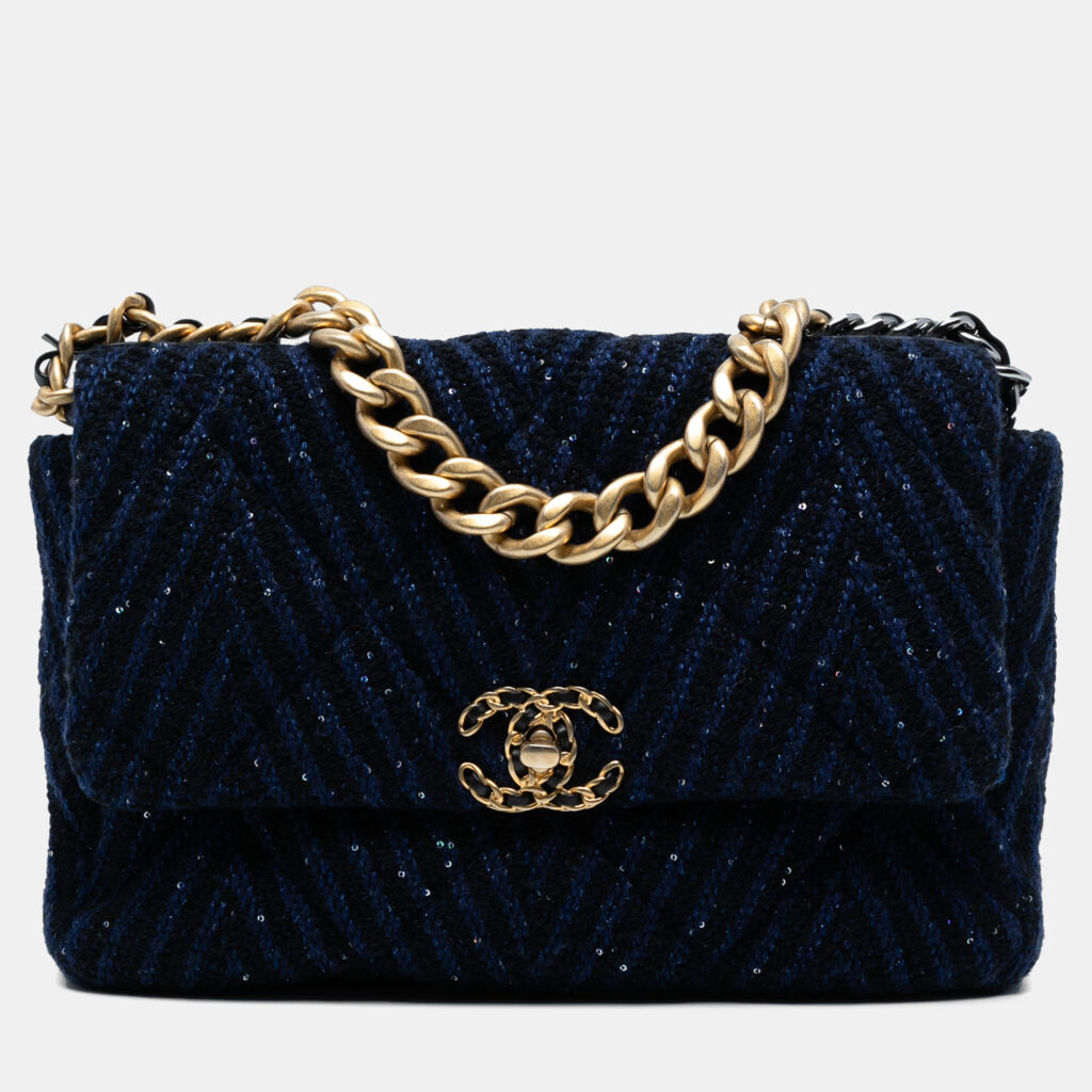 Chanel Blue Large Chevron Tweed Sequin 19 Flap Chanel Blue Large Chevron Tweed Sequin 19 Flap