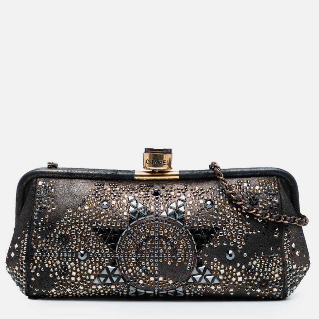 luxury-women-chanel-used-handbags-p1244648-001-1.jpg Chanel Black CC Glitter Lambskin Studded Frame Clutch on Chain
