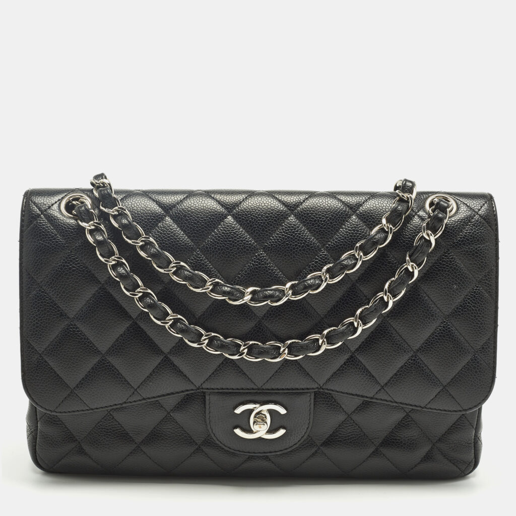 luxury-women-chanel-used-handbags-p1244764-016.jpg Chanel Black Quilted Caviar Leather Jumbo Classic Double Flap Bag