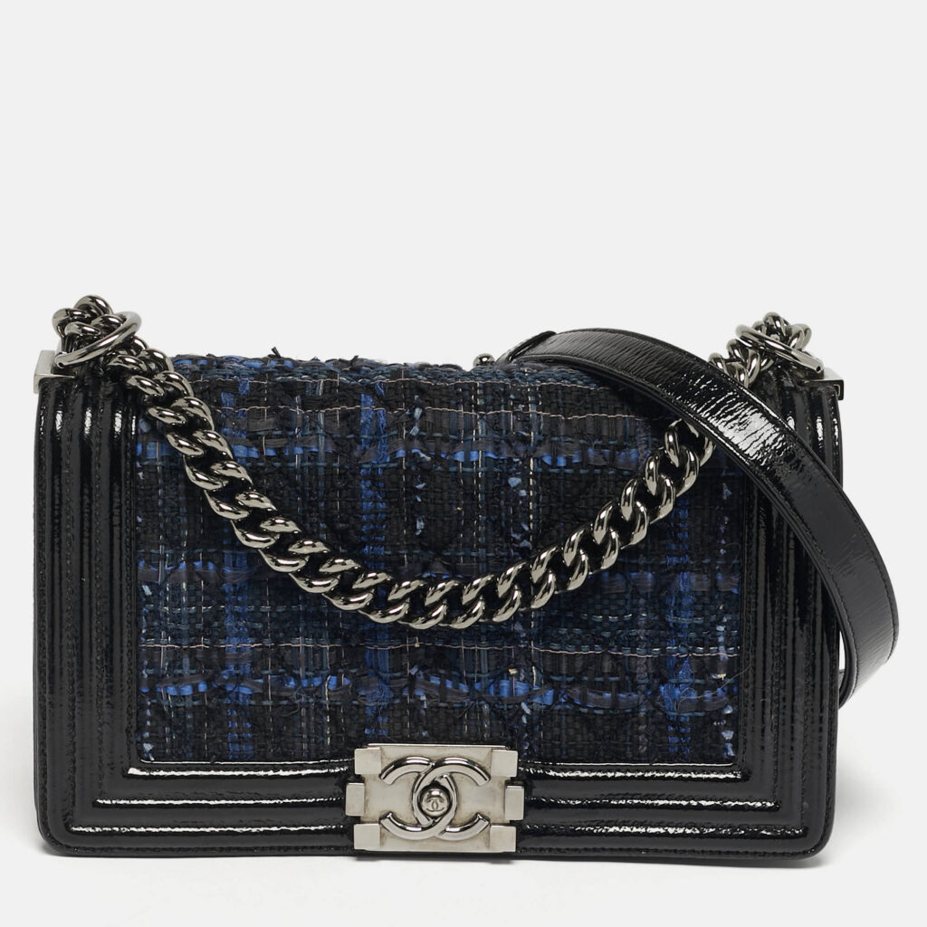 Chanel Black/Blue Quilted Patent Leather and Tweed Medium Boy Flap Bag Chanel Black/Blue Quilted Patent Leather and Tweed Medium Boy Flap Bag