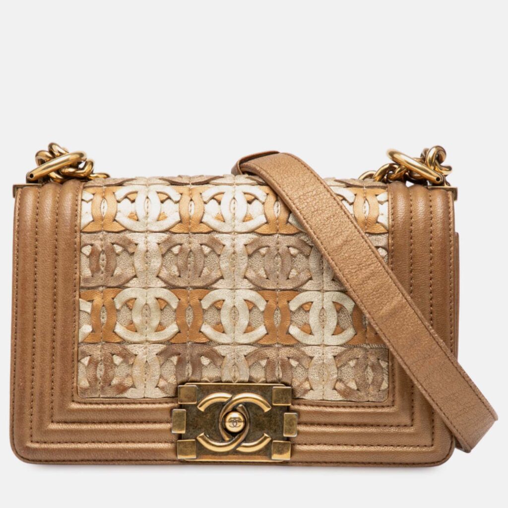 luxury-women-chanel-used-handbags-p1245028-004.jpg Chanel Brown Small Quilted Metallic Lambskin Interwoven CC Boy Flap
