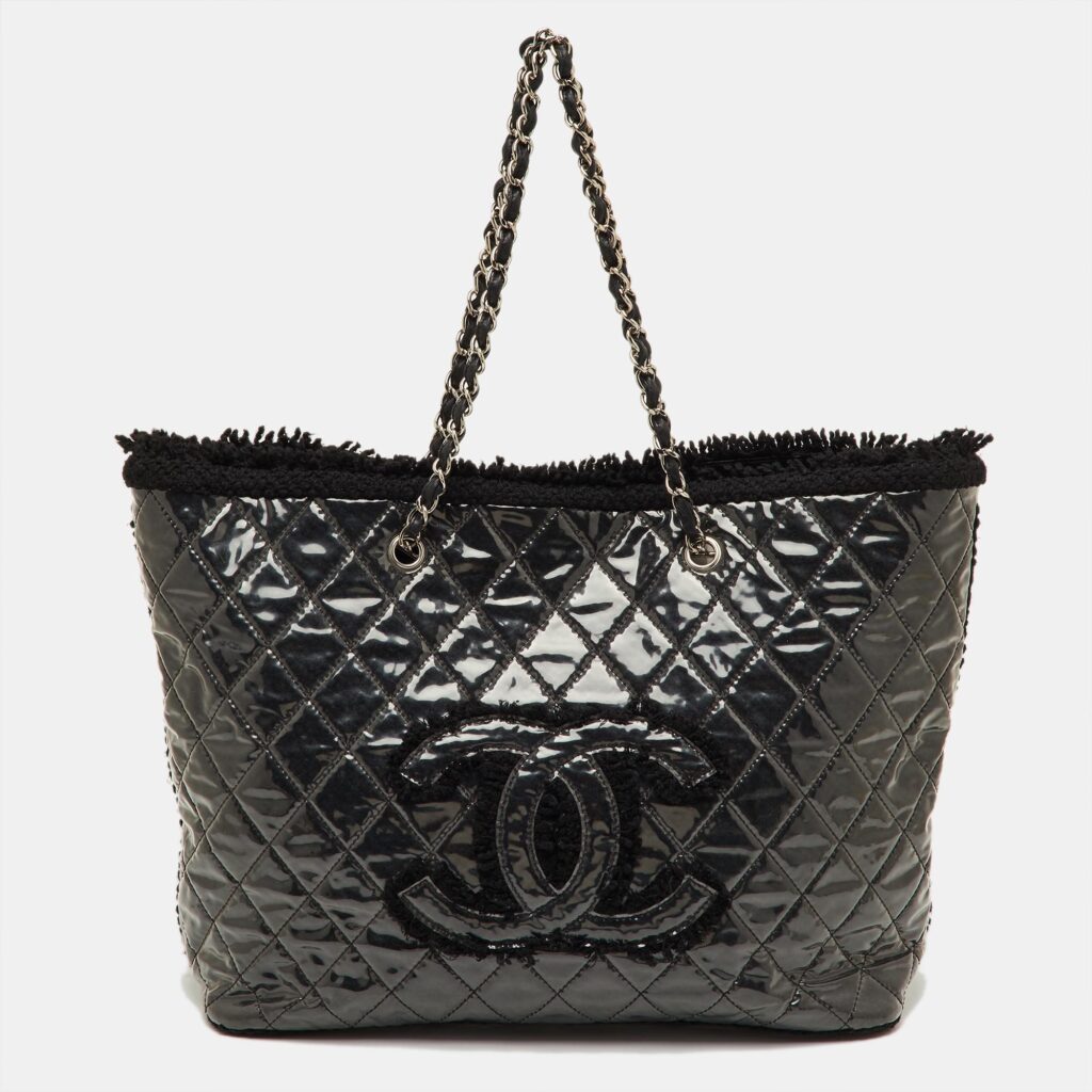 luxury-women-chanel-used-handbags-p1245034-001-1.jpg Chanel Black Quilted PVC and Shearling Fur CC Fanny Chain Shopper Tote