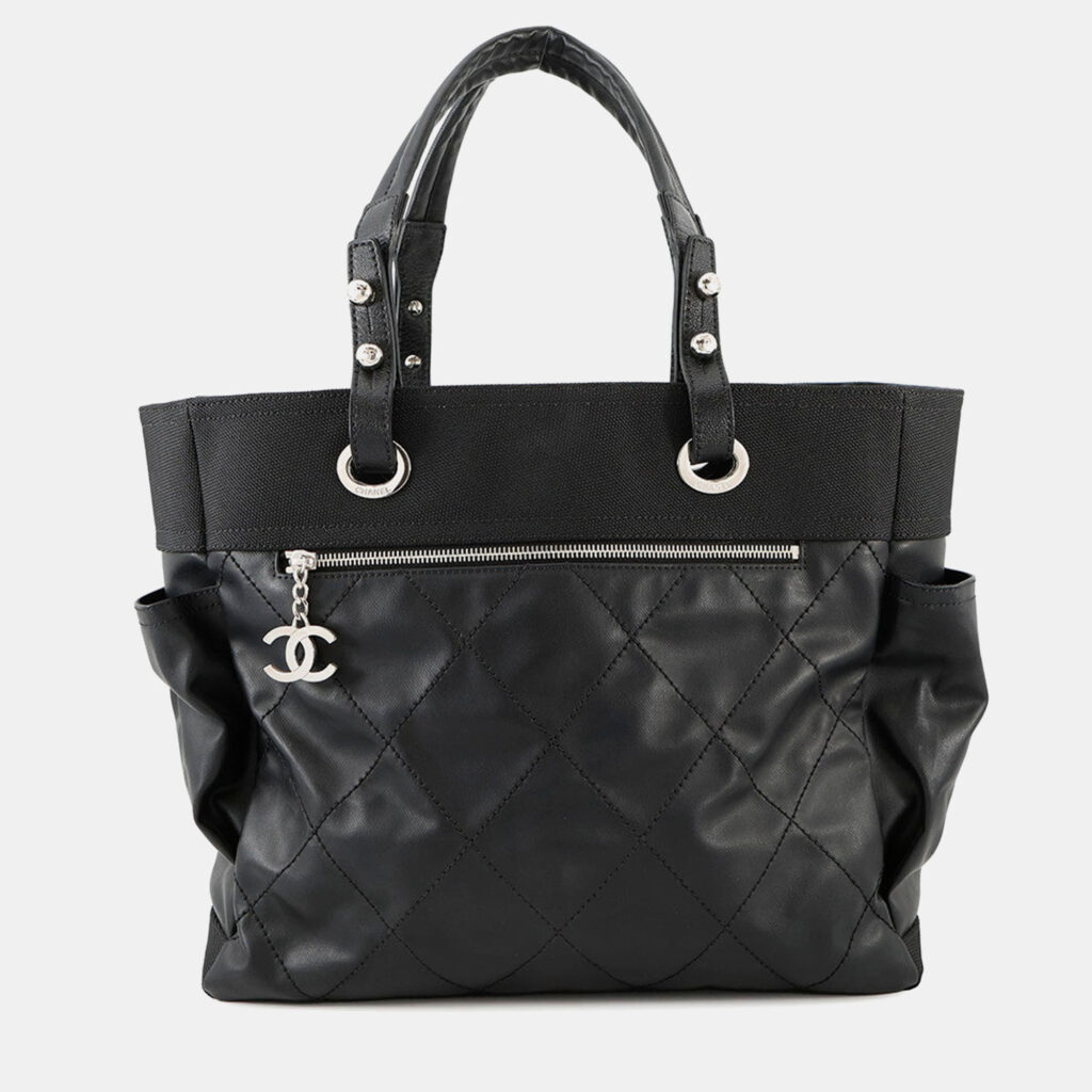 Chanel Paris-Biarritz Tote Bag Black Leather Canvas Size Gm