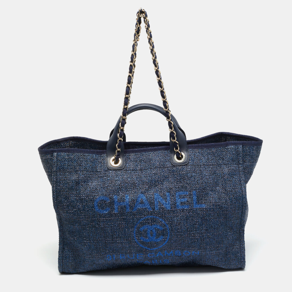 Chanel Navy Blue Straw and Lurex Fabric Large Deauville Shopper Tote Chanel Navy Blue Straw and Lurex Fabric Large Deauville Shopper Tote