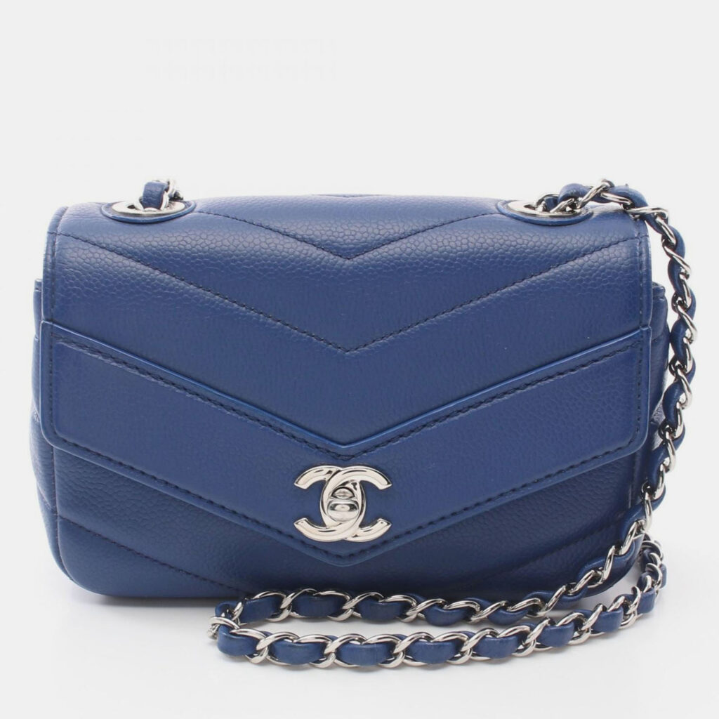Chanel Chevron V Stitch Chain Shoulder Crossbody Bag Leather Blue Chanel Chevron V Stitch Chain Shoulder Crossbody Bag Leather Blue