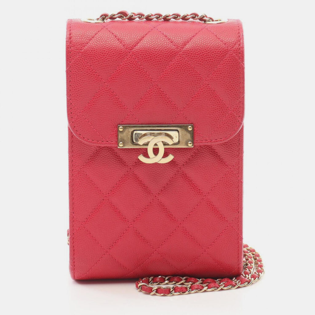Chanel Matelasse Phone Shoulder Bag Leather Grained Calfskin Red Chanel Matelasse Phone Shoulder Bag Leather Grained Calfskin Red
